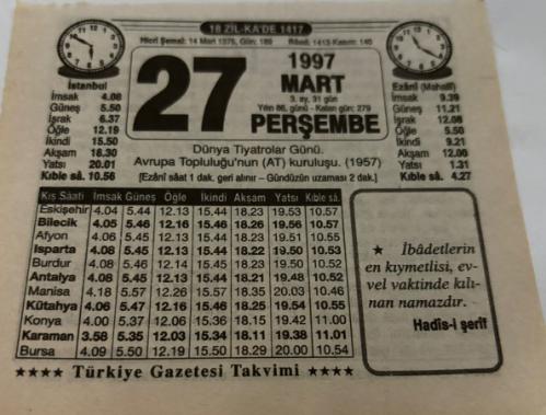 27 Mart 1997-Orijinal Takvim Yaprağı-Doğum Günü-Söz,Nişan,Nikâh,Düğün ve Önemli Günler Hediyesi-Türkiye Gazetesi Takvimi-Ayet,Hadis (Hadis-i Şerif)-Dünya Tiyatrolar Günü-Doktor Yaşıyor-Erkek:Şadi,Kız:Şeyda