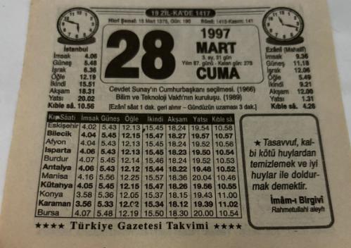 28 Mart 1997-Orijinal Takvim Yaprağı-Doğum Günü-Söz,Nişan,Nikâh,Düğün ve Önemli Günler Hediyesi-Türkiye Gazetesi Takvimi-Ayet,Hadis (İmam-ı Birgivi)-Cevdet Sunay'ın Cumhurbaşkanı Seçilmesi(1966)-Farzların Ehemniyeti-Erkek:Namık,Kız:Nedret