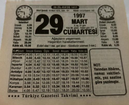 29 Mart 1997-Orijinal Takvim Yaprağı-Doğum Günü-Söz,Nişan,Nikâh,Düğün ve Önemli Günler Hediyesi-Türkiye Gazetesi Takvimi-Ayet,Hadis (Not)-Ağaçların Yeşermesi-Rumlara Göre Türkler-Erkek:Reşat,Kız:Raşide