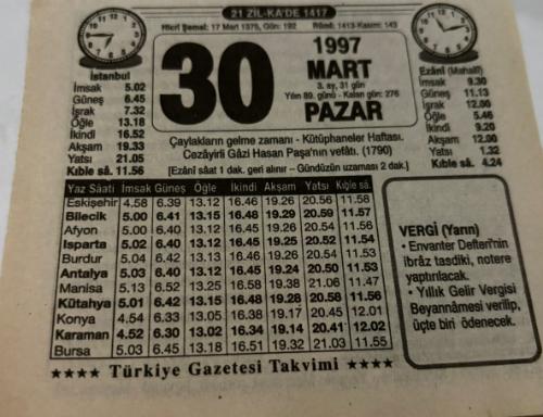 30 Mart 1997-Orijinal Takvim Yaprağı-Doğum Günü-Söz,Nişan,Nikâh,Düğün ve Önemli Günler Hediyesi-Türkiye Gazetesi Takvimi-Ayet,Hadis (Vergi)-Cezayirli Gazi Hasan Paşa'nın vefatı(1790)-Abdestli Olmak-Para-Erkek:Semih,Kız:Saime