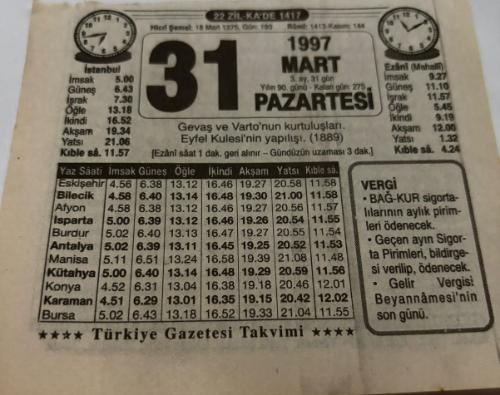 31 Mart 1997-Orijinal Takvim Yaprağı-Doğum Günü-Söz,Nişan,Nikâh,Düğün ve Önemli Günler Hediyesi-Türkiye Gazetesi Takvimi-Ayet,Hadis (Vergi)-Gecaş ve Varto'nun Kurtuluşları-Kedi ile Papağan-Nisan Bir-Erkek:Bekir,Kız:Beyza