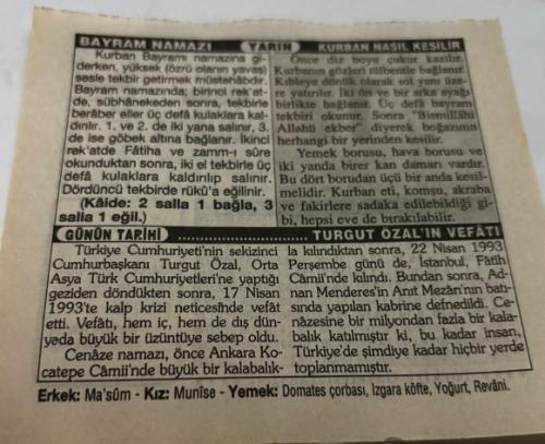 17 Nisan 1997-Orijinal Takvim Yaprağı-Doğum Günü-Söz,Nişan,Nikâh,Düğün ve Önemli Günler Hediyesi-Türkiye Gazetesi Takvimi-Ayet,Hadis (Ka'bü-l Ahbar)-Cumhurbaşkanı Turgut Özal'ın Vefatı(1993)-Bayram Namazı-Kurban Nasıl Kesilir-Turgut Özal'ın Vefatı-Erkek:Ma'sum,Kız:Munise