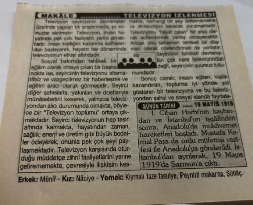 19 Mayıs 1997-Orijinal Takvim Yaprağı-Doğum Günü-Söz,Nişan,Nikâh,Düğün ve Önemli Günler Hediyesi-Türkiye Gazetesi Takvimi-Ayet,Hadis (Fudayl bin İyad)-Atatürk'ü Anma Gençlik ve Spor Bayramı-Televizyon İzlenmesi-19 Mayıs 1919-Erkek:Münif,Kız:Naciye