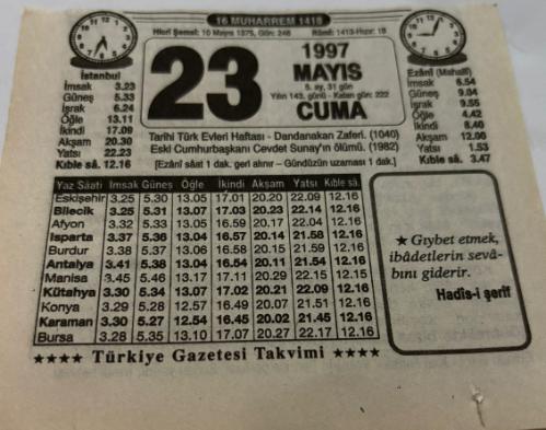 23 Mayıs 1997-Orijinal Takvim Yaprağı-Doğum Günü-Söz,Nişan,Nikâh,Düğün ve Önemli Günler Hediyesi-Türkiye Gazetesi Takvimi-Ayet,Hadis (Hadis-i Şerif)-Dandanakan Zaferi(1040)-Evlilikte Asalet-İnsanlar-Erkek:Fethi,Kız:Fatma