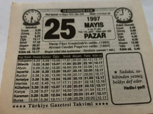 25 Mayıs 1997-Orijinal Takvim Yaprağı-Doğum Günü-Söz,Nişan,Nikâh,Düğün ve Önemli Günler Hediyesi-Türkiye Gazetesi Takvimi-Ayet,Hadis (Hadis-i Şerif)-Necip Fazıl Kısakürek'in vefatı(1983)-Necip Fazıl Kısakürek-Erkek:Medeni,Kız:Nazife