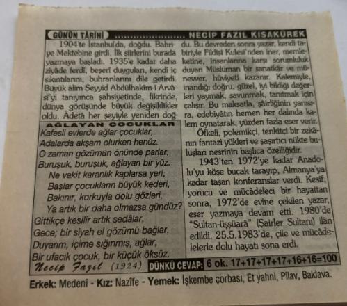 25 Mayıs 1997-Orijinal Takvim Yaprağı-Doğum Günü-Söz,Nişan,Nikâh,Düğün ve Önemli Günler Hediyesi-Türkiye Gazetesi Takvimi-Ayet,Hadis (Hadis-i Şerif)-Necip Fazıl Kısakürek'in vefatı(1983)-Necip Fazıl Kısakürek-Erkek:Medeni,Kız:Nazife