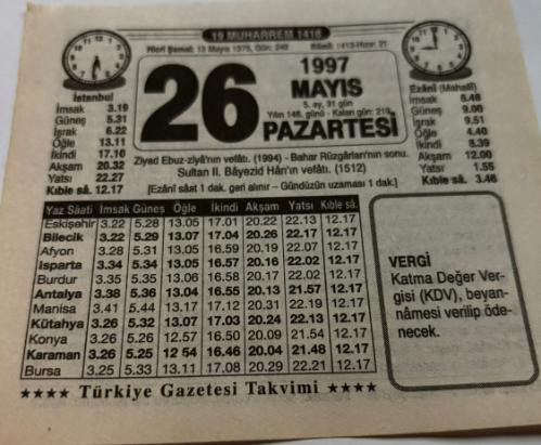 26 Mayıs 1997-Orijinal Takvim Yaprağı-Doğum Günü-Söz,Nişan,Nikâh,Düğün ve Önemli Günler Hediyesi-Türkiye Gazetesi Takvimi-Ayet,Hadis (Vergi)-Sultan II.Beyazid Han'ın Vefatı(1512)-Kuşların Dili-Napolyon-Erkek:Ahmed,Kız:Şeyma
