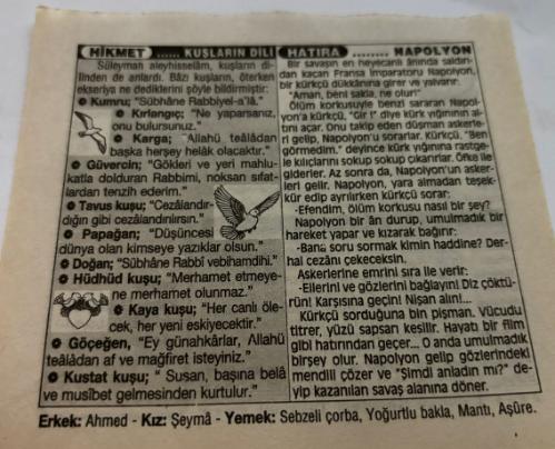 26 Mayıs 1997-Orijinal Takvim Yaprağı-Doğum Günü-Söz,Nişan,Nikâh,Düğün ve Önemli Günler Hediyesi-Türkiye Gazetesi Takvimi-Ayet,Hadis (Vergi)-Sultan II.Beyazid Han'ın Vefatı(1512)-Kuşların Dili-Napolyon-Erkek:Ahmed,Kız:Şeyma
