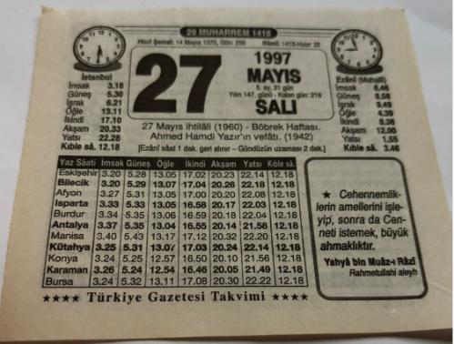 27 Mayıs 1997-Orijinal Takvim Yaprağı-Doğum Günü-Söz,Nişan,Nikâh,Düğün ve Önemli Günler Hediyesi-Türkiye Gazetesi Takvimi-Ayet,Hadis (Yahya bin Muaz-ı Razi)-27 Mayıs İhtilali(1960)-Tavsiyeler-Erkek:Masum,Kız:Sevde