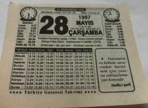 28 Mayıs 1997-Orijinal Takvim Yaprağı-Doğum Günü-Söz,Nişan,Nikâh,Düğün ve Önemli Günler Hediyesi-Türkiye Gazetesi Takvimi-Ayet,Hadis (Hadis-i Şerif)-Türklerin Rumeli'ye geçişi(1356)-Türkler'in Rumeliye Geçişi-Dünya Kıble Günü-Erkek:Reşad,Kız:Letafet