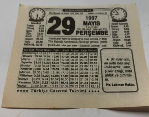 29 Mayıs 1997-Orijinal Takvim Yaprağı-Doğum Günü-Söz,Nişan,Nikâh,Düğün ve Önemli Günler Hediyesi-Türkiye Gazetesi Takvimi-Ayet,Hadis (Hz.Lokman Hekim)-İstanbul'un Fethi ve Ortaçağ'ın sona ermesi(1453)-İstanbul'un Fethi-Erkek:Fahri,Kız:Fahriye