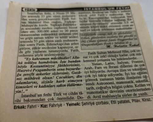 29 Mayıs 1997-Orijinal Takvim Yaprağı-Doğum Günü-Söz,Nişan,Nikâh,Düğün ve Önemli Günler Hediyesi-Türkiye Gazetesi Takvimi-Ayet,Hadis (Hz.Lokman Hekim)-İstanbul'un Fethi ve Ortaçağ'ın sona ermesi(1453)-İstanbul'un Fethi-Erkek:Fahri,Kız:Fahriye