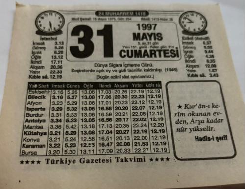 31 Mayıs 1997-Orijinal Takvim Yaprağı-Doğum Günü-Söz,Nişan,Nikâh,Düğün ve Önemli Günler Hediyesi-Türkiye Gazetesi Takvimi-Ayet,Hadis (Hadis-i Şerif)-Dünya Sigara İçmeme Günü-Sen Git-Yoğurt ve Yaşlılık-Kaçıncı Sırada-Erkek:İlyas,Kız:Nurbanu
