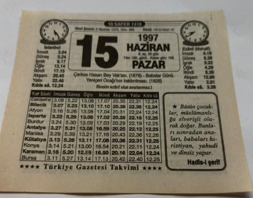 15 Haziran 1997-Orijinal Takvim Yaprağı-Doğum Günü-Söz,Nişan,Nikâh,Düğün ve Önemli Günler Hediyesi-Türkiye Gazetesi Takvimi-Ayet,Hadis (Hadis-i Şerif)-Çerkes Hasan Bey Vak'ası(1876)-Çerkes Hasan Vak'ası-Erkek:Rıdvan,Kız:Hicran