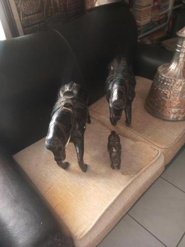 El yapımı deri kaplama  malzemeden yapılmış, eyerli ve koşum takımlı üç adet vintage at heykelidir. Büyük  boy atların ölçü  60*35 cm olup tayın ise 21*16 cm dir.Bu tarz heykeller genellikle ev dekorasyonunda güç, başarı ve zarafeti simgelemek için kullanılır.  Deri görünümlü bu figürler, koleksiyon parçası niteliği taşıyabilir ve detaylı işçilikleriyle dikkat çekerler.  At figürleri, Feng Shui prensiplerine göre doğru konumlandırıldığında eve bereket ve pozitif enerji getirdiğine inanılan popüler dekoratif objelerdir.