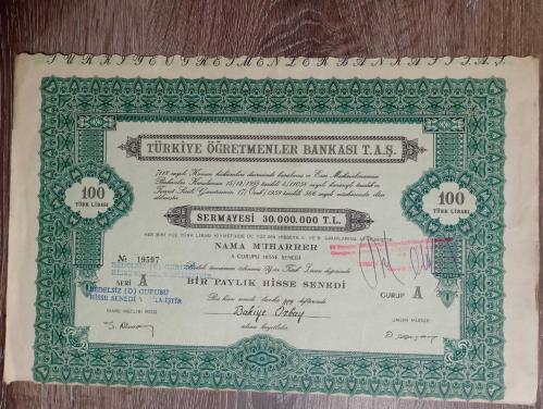 Türkiye Öğretmenler Bankası T.A.Ş 100 Türk Lirası ve 1000 Türk Lirası hisse senedi