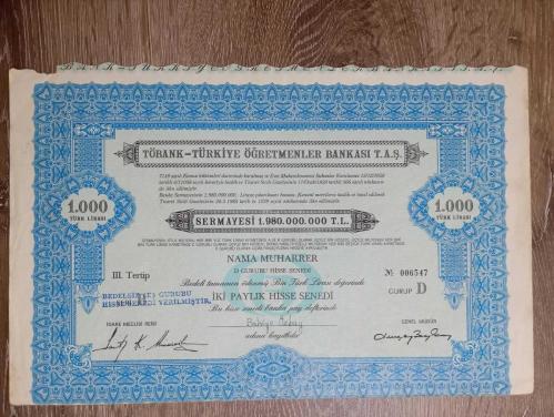 Türkiye Öğretmenler Bankası T.A.Ş 100 Türk Lirası ve 1000 Türk Lirası hisse senedi