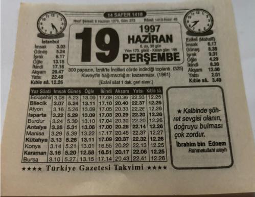 19 Haziran 1997-Orijinal Takvim Yaprağı-Doğum Günü-Söz,Nişan,Nikâh,Düğün ve Önemli Günler Hediyesi-Türkiye Gazetesi Takvimi-Ayet,Hadis (İbrahim bin Edhem)-Kuveyt'ın bağımsızlığını kazanması(1961)-Cuma Günü-Dört İncil-Erkek:Nazif,Kız:Lütfiye