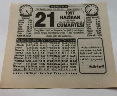 21 Haziran 1997-Orijinal Takvim Yaprağı-Doğum Günü-Söz,Nişan,Nikâh,Düğün ve Önemli Günler Hediyesi-Türkiye Gazetesi Takvimi-Ayet,Hadis (Hadis-i Şerif)-Zonguldak(1920)ve Adapazarı'nın Kurtuluşları(1921)-Ana Baba Hakkı-Erkek:Nureddin,Kız:Şaduman