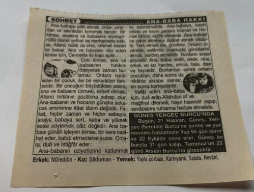 21 Haziran 1997-Orijinal Takvim Yaprağı-Doğum Günü-Söz,Nişan,Nikâh,Düğün ve Önemli Günler Hediyesi-Türkiye Gazetesi Takvimi-Ayet,Hadis (Hadis-i Şerif)-Zonguldak(1920)ve Adapazarı'nın Kurtuluşları(1921)-Ana Baba Hakkı-Erkek:Nureddin,Kız:Şaduman