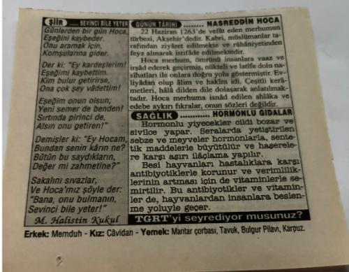 22 Haziran 1997-Orijinal Takvim Yaprağı-Doğum Günü-Söz,Nişan,Nikâh,Düğün ve Önemli Günler Hediyesi-Türkiye Gazetesi Takvimi-Ayet,Hadis (Ebu Bekir Verrak)-Nasreddin Hoca'nın vefatı(1284)-Sevinci Bile Yeter-Nasreddin Hoca-Hormonlu Gıdalar-Erkek:Memduh,Kız:Cavidan