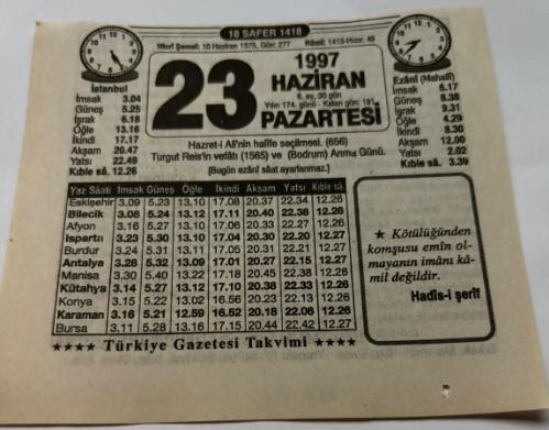 23 Haziran 1997-Orijinal Takvim Yaprağı-Doğum Günü-Söz,Nişan,Nikâh,Düğün ve Önemli Günler Hediyesi-Türkiye Gazetesi Takvimi-Ayet,Hadis (Hadis-i Şerif)-Hazret-i Ali'nin halife seçilmesi(656)-Toplum Suçlanmasın-Turgut Reis-Erkek:Mahmud,Kız:Enise