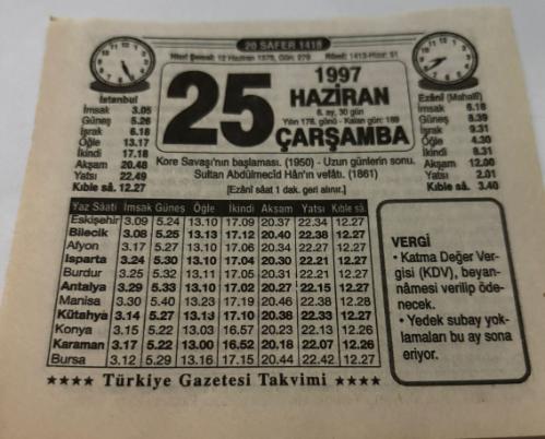 25 Haziran 1997-Orijinal Takvim Yaprağı-Doğum Günü-Söz,Nişan,Nikâh,Düğün ve Önemli Günler Hediyesi-Türkiye Gazetesi Takvimi-Ayet,Hadis (Vergi)-Kore Savaşı'nın Başlaması(1950)-Mangal-Erkek:Nurullah,Kız:Mihriban