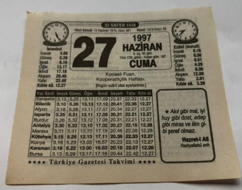27 Haziran 1997-Orijinal Takvim Yaprağı-Doğum Günü-Söz,Nişan,Nikâh,Düğün ve Önemli Günler Hediyesi-Türkiye Gazetesi Takvimi-Ayet,Hadis (Hazret-i Ali)-Kocaeli Fuarı-Falcılık Büyücülük Medyumluk-Yavrunuzun Temizliği-Erkek:Avni-Kız:Aynur