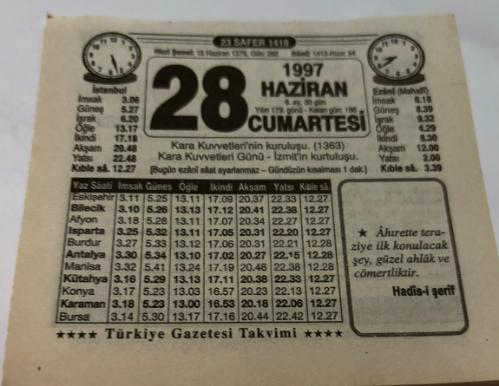 28 Haziran 1997-Orijinal Takvim Yaprağı-Doğum Günü-Söz,Nişan,Nikâh,Düğün ve Önemli Günler Hediyesi-Türkiye Gazetesi Takvimi-Ayet,Hadis (Hadis-i Şerif)-Kara Kuvvetleri'nin kuruluşu(1363)-Kara Kuvvetleri Günü-Padişah Kalesi-Toplar-Erkek:Sedat,Kız:Şerife
