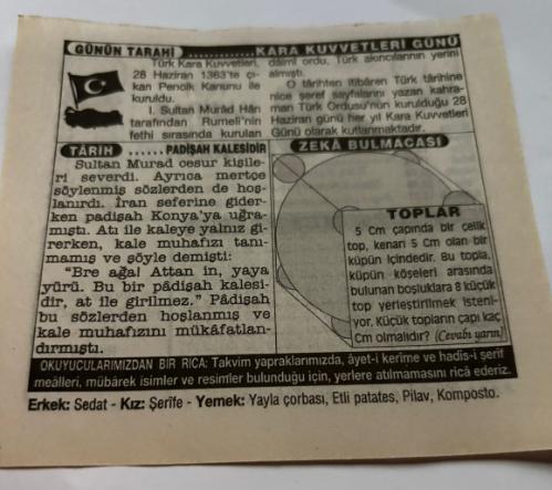 28 Haziran 1997-Orijinal Takvim Yaprağı-Doğum Günü-Söz,Nişan,Nikâh,Düğün ve Önemli Günler Hediyesi-Türkiye Gazetesi Takvimi-Ayet,Hadis (Hadis-i Şerif)-Kara Kuvvetleri'nin kuruluşu(1363)-Kara Kuvvetleri Günü-Padişah Kalesi-Toplar-Erkek:Sedat,Kız:Şerife