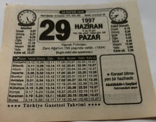 29 Haziran 1997-Orijinal Takvim Yaprağı-Doğum Günü-Söz,Nişan,Nikâh,Düğün ve Önemli Günler Hediyesi-Türkiye Gazetesi Takvimi-Ayet,Hadis (Abdulkadir-i Geylani)-Yaprak Fırtınası-Rabbim-Şiir-Erkek:Kamil,Kız:İclal