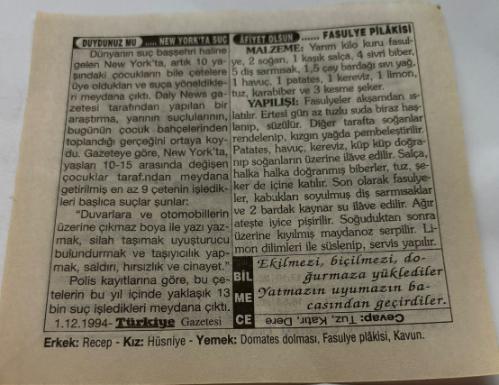 30 Temmuz 1997-Orijinal Takvim Yaprağı-Doğum Günü-Söz,Nişan,Nikâh,Düğün ve Önemli Günler Hediyesi-Türkiye Gazetesi Takvimi-Ayet,Hadis (Vergi)-Türk-iş'in Kuruluşu(1950)-New York'ta Suç-Fasulye Pilakisi-Erkek:Recep,Kız:Hüsniye