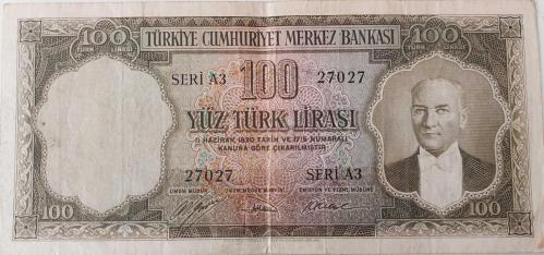 5.EMİSYON 1.TERTİP 100 TÜRK LİRASI KAĞIT PARA SERİ A3 27027 SERİ NOLU SERİNİN 2. EN NADİRİDİR NATUREL OLUP ÇOK ÇOK TEMİZDİR ÇOK NADİRDİR