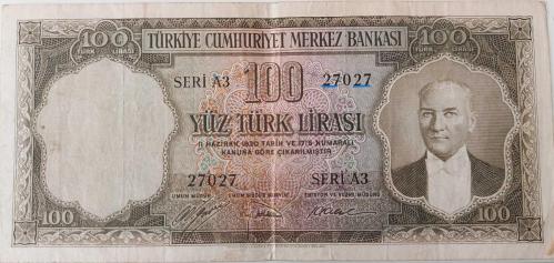 5.EMİSYON 1.TERTİP 100 TÜRK LİRASI KAĞIT PARA SERİ A3 27027 SERİ NOLU SERİNİN 2. EN NADİRİDİR NATUREL OLUP ÇOK ÇOK TEMİZDİR ÇOK NADİRDİR