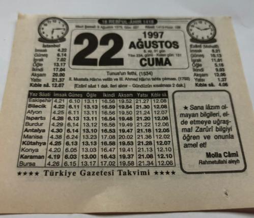 22 Ağustos 1997-Orijinal Takvim Yaprağı-Doğum Günü-Söz,Nişan,Nikâh,Düğün ve Önemli Günler Hediyesi-Türkiye Gazetesi Takvimi-Ayet,Hadis (Molla Cami)-Tunus'un Fethi(1534)-Duanın Edepleri-Erkek:Şükrü,Kız:Şükriye