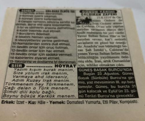 23 Ağustos 1997-Orijinal Takvim Yaprağı-Doğum Günü-Söz,Nişan,Nikâh,Düğün ve Önemli Günler Hediyesi-Türkiye Gazetesi Takvimi-Ayet,Hadis (Hazret-i Ebu Bekir)-Sakarya Savaşı(1921)-Ana Baba Ölmüş İse-Çaldıran Zaferi-Hoyrat-Erkek:İzzet,Kız:Hale