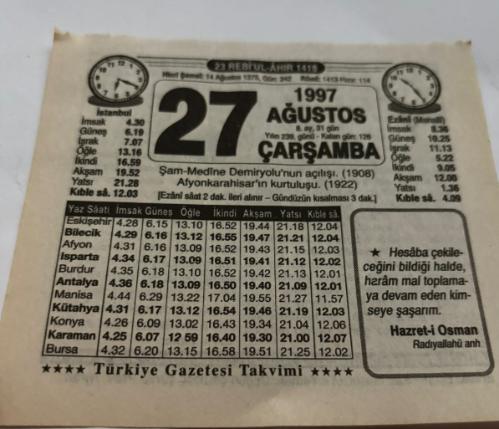 27 Ağustos 1997-Orijinal Takvim Yaprağı-Doğum Günü-Söz,Nişan,Nikâh,Düğün ve Önemli Günler Hediyesi-Türkiye Gazetesi Takvimi-Ayet,Hadis (Hazret-i Osman)-Şam-Medine Demiryolu'nun Açılışı(1908)-Zeki Koyun-Elmalı Muhallebi-Erkek:Eşref,Kız:Müşerref