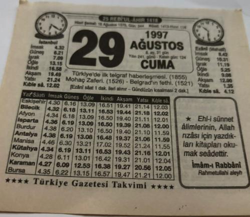 29 Ağustos 1997-Orijinal Takvim Yaprağı-Doğum Günü-Söz,Nişan,Nikâh,Düğün ve Önemli Günler Hediyesi-Türkiye Gazetesi Takvimi-Ayet,Hadis (İmam-ı Rabbani)-TÜrkiye'de ilk telgraf haberleşmesi(1855)-Mohaç Zaferi-Uyumlu Anne ve Baba-Belgrad'ın Fethi-Erkek:Fahreddin,Kız:Nuran