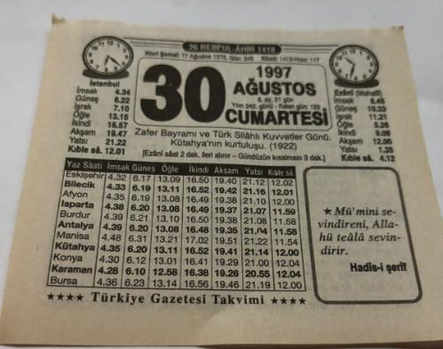30 Ağustos 1997-Orijinal Takvim Yaprağı-Doğum Günü-Söz,Nişan,Nikâh,Düğün ve Önemli Günler Hediyesi-Türkiye Gazetesi Takvimi-Ayet,Hadis (Hadis-i Şerif)-Zafer Bayramı ve Türk Silahlı Kuvvetler Günü-Aşık Olanlar-30 Ağustos-Sihirli Yılan-Erkek:Necati,Kız:Nihal