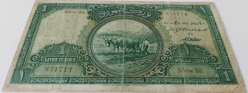 1.EMİSYON 1 LİRA (LİVRE) 1.TERTİP ORİJİNAL KAĞIT PARA SERİE 35 871714 SERİ NOLU ÇOK TEMİZ ÇOK NADİR