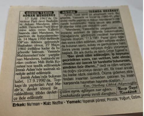 17 Eylül 1997-Orijinal Takvim Yaprağı-Doğum Günü-Söz,Nişan,Nikâh,Düğün ve Önemli Günler Hediyesi-Türkiye Gazetesi Takvimi-Ayet,Hadis (Abdül Vehhab Mutteki)-Eski Başbakan Adnan Menderes'in idamı(1961)-Ruslar'ın Polonya'yı işgali(1939)-Bandırma'nın Kurtuluşu-Adnan Menderes-İdamda Nezaket-Erkek:Nu'man,Kız:Nezihe