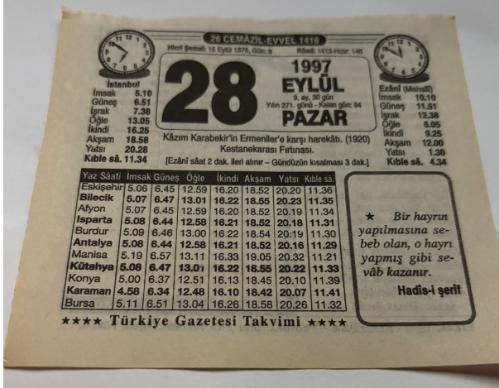 28 Eylül 1997-Orijinal Takvim Yaprağı-Doğum Günü-Söz,Nişan,Nikâh,Düğün ve Önemli Günler Hediyesi-Türkiye Gazetesi Takvimi-Ayet,Hadis (Hadis-i Şerif)-Kazım Karabekir'in Ermeniler'e Karşı Harekatı(1920)-Kestanekarası Fırtınası-Dünya-Karasinek-Erkek:Fatih,Kız:Fakihe