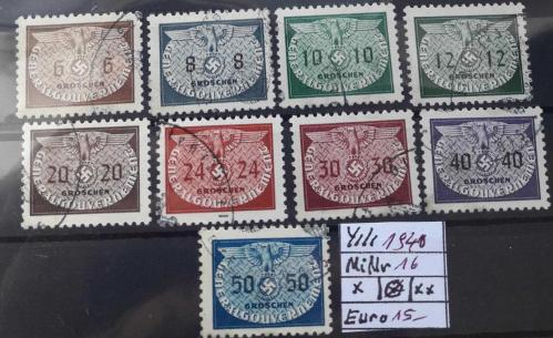 LOT.8 » 1940 D REİCH GENERAL GOUVERNEMENT 9 PULLU TAM SERİ -KAT DEĞERİ 15 EURO