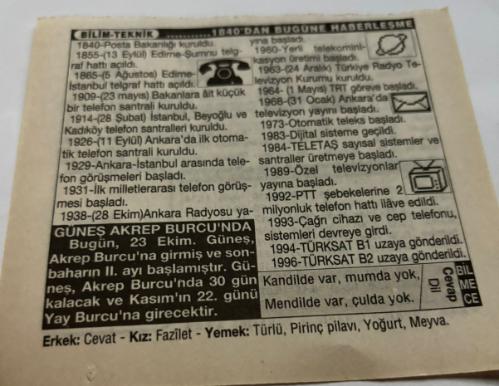 23 Ekim 1997-Orijinal Takvim Yaprağı-Doğum Günü-Söz,Nişan,Nikâh,Düğün ve Önemli Günler Hediyesi-Türkiye Gazetesi Takvimi-Ayet,Hadis (Hasan-i Basri)-Güneş,Akrep burcu'nda(11.16)-PTT'nin kuruluşu(1840)-Kırım Harbi'nin başlaması(1853)-1840'dan Bugüne Haberleşme-Erkek:Cevap,Kız:Fazilet