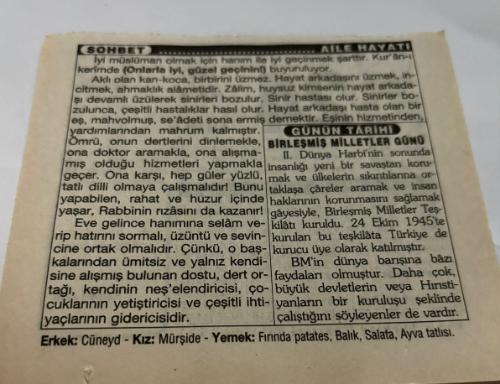 24 Ekim 1997-Orijinal Takvim Yaprağı-Doğum Günü-Söz,Nişan,Nikâh,Düğün ve Önemli Günler Hediyesi-Türkiye Gazetesi Takvimi-Ayet,Hadis (Hadis-i Şerif)-BM'nin Kuruluşu(1945)-Birleşmiş Milletler Günü-Suların Soğuması-Aile Hayatı- Birleşmiş Milletler Günü-Erkek:Cüneyd,Kız:Mürşide