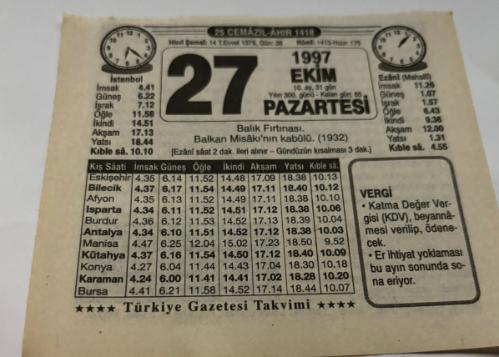 27 Ekim 1997-Orijinal Takvim Yaprağı-Doğum Günü-Söz,Nişan,Nikâh,Düğün ve Önemli Günler Hediyesi-Türkiye Gazetesi Takvimi-Ayet,Hadis (Vergi)-Balık Fırtınası-Balkan Misakı'nın kabulü(1932)-Karneyle Ekmek-Erkek:Abdullah,Kız:Kamile