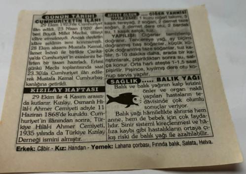 29 Ekim 1997-Orijinal Takvim Yaprağı-Doğum Günü-Söz,Nişan,Nikâh,Düğün ve Önemli Günler Hediyesi-Türkiye Gazetesi Takvimi-Ayet,Hadis (Hazret-i Ali)-Cumhuriyet'in İlanı(1923)-Cumhuriyet Bayramı-Kızılay Haftası-Cumhuriyetin İlanı-Ciğer Yahnisi-Balık Yağı-Erkek:Cabir,Kız:Handan