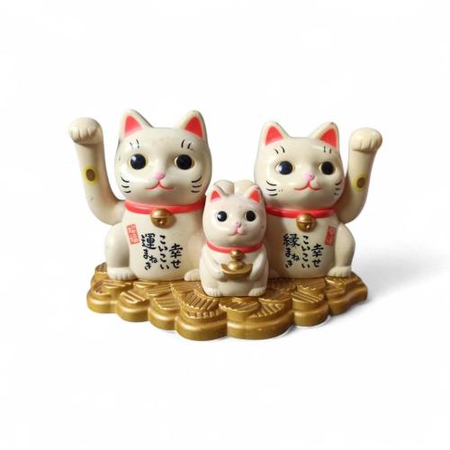 vintage ''3'lü el sallayan japon şans kedisi''maneki neko seti''aile figürü şans objesi & 12 cm-güneş enerjili