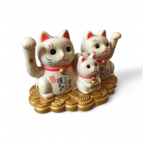 vintage ''3'lü el sallayan japon şans kedisi''maneki neko seti''aile figürü şans objesi & 12 cm-güneş enerjili