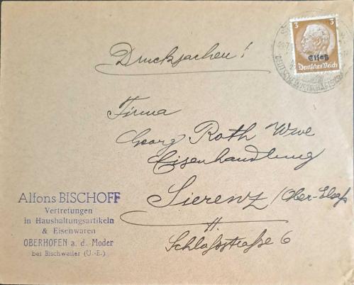 ALMANYA REİCH FRANSA İŞGALİ ZARF. ALSAS LOREN NAZİ SÜRSAJLI ÖZEL DAMGALI POSTADAN GEÇMİŞ. 28.07.1941